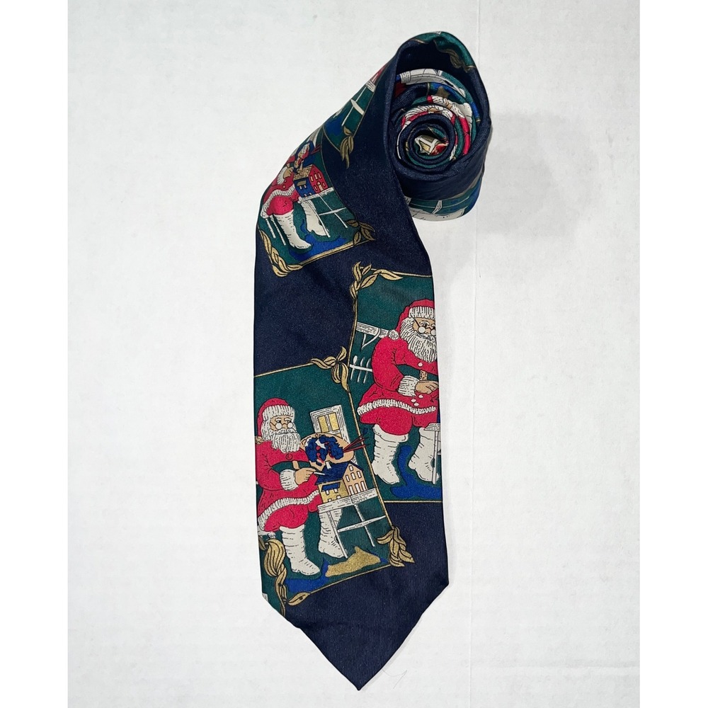 Cape Cod Neckwear Mens Christmas Tie Santa Claus Painting Birdhouses Navy Blue